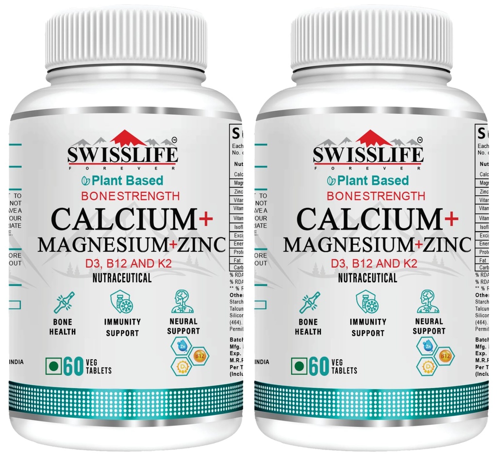 Swisslife Forever Calcium + Magnesium + Zinc + Vit. D3 + Vit. B12 + Vit. K2 Tablets For Men And Women (60 Tablets, Pack of 2)