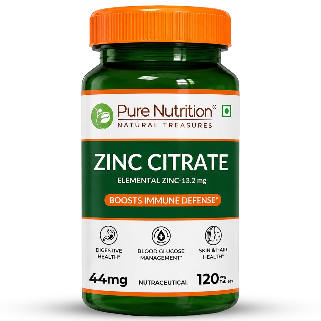 Pure Nutrition Zinc Citrate 44mg | Zinc Supplements For Men & Women | Zinc Tablets For Skin Glow, Hair Strength, Muscle Recovery & Immune Support - 120 Tablets