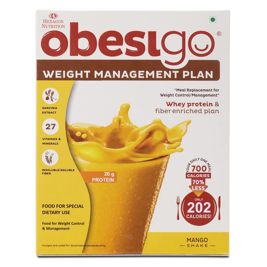 Obesigo BLCD - Meal Replacement Weight Loss & Weight Management Plan | Mango - 350Gm (7 Sachets*50g) | Whey Protein & Fiber Enriched | 40.8g Protein/100g, Garcenia Extract, 27 Vitamin & Mineral