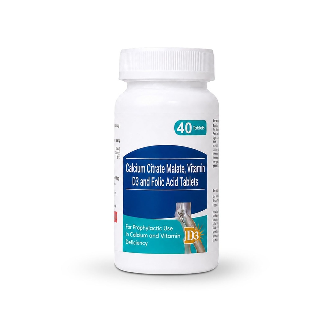 Calcium Citrate Malate, Vitamin D3 & Folic Acid Tablets | Nutritional Supplement Tablets for Daily Wellness Support | 40 Tablets in Each Pack | Suitable for Men & Women | Pack of 4