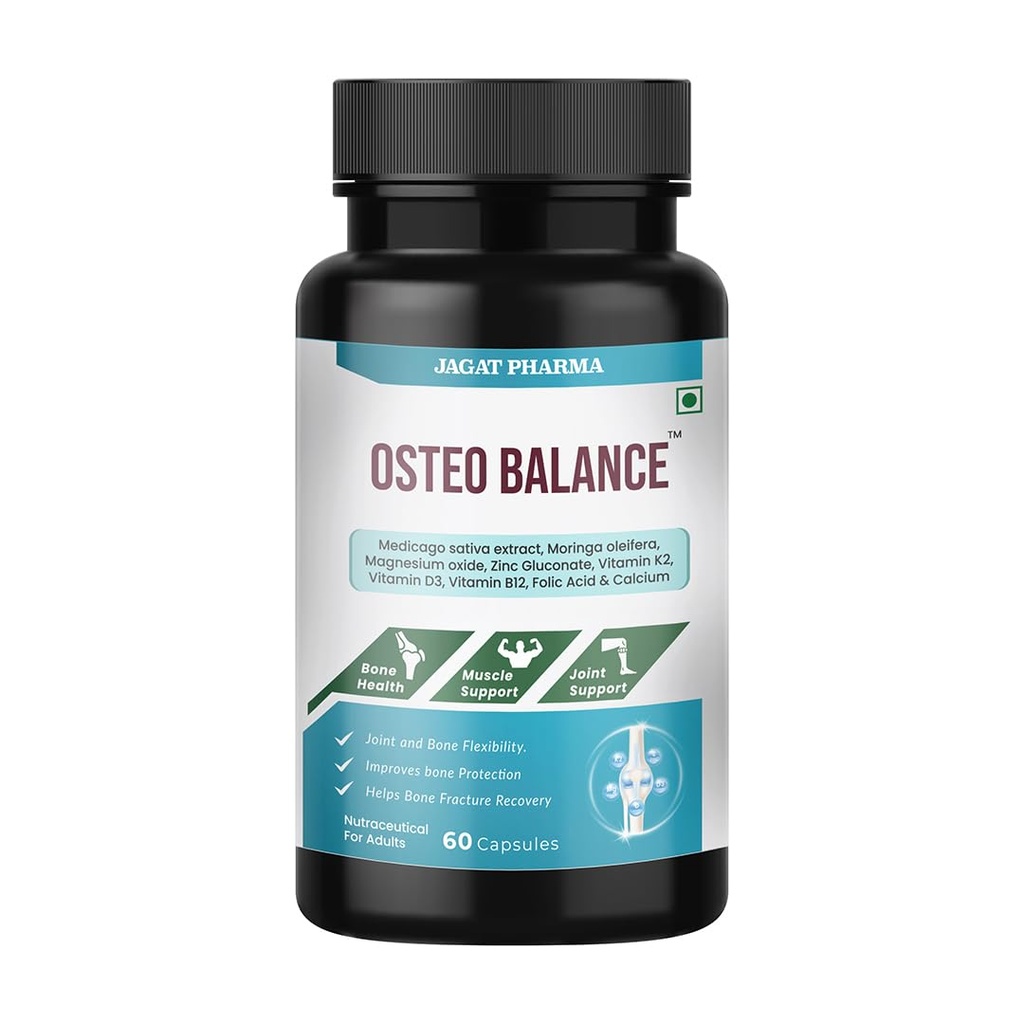 Jagat Pharma Osteo Balance Capsules | Calcium, Vitamin D3, B12 & Magnesium Blend | WHO-GMP Certified | 60 Veg Capsules (Pack of 1)
