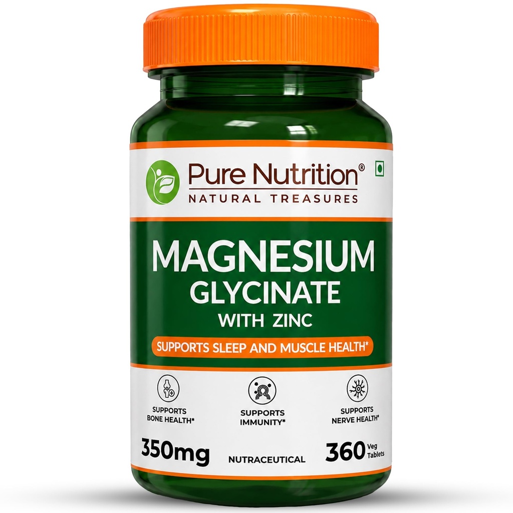 Pure Nutrition Magnesium Glycinate with Zinc Supplement 350 mg - 360 Tablets | High Absorption Magnesium Supplement for Bone, Muscle & Nerve Vitality | Supports Calm, Sleep Quality & Cramp Relief