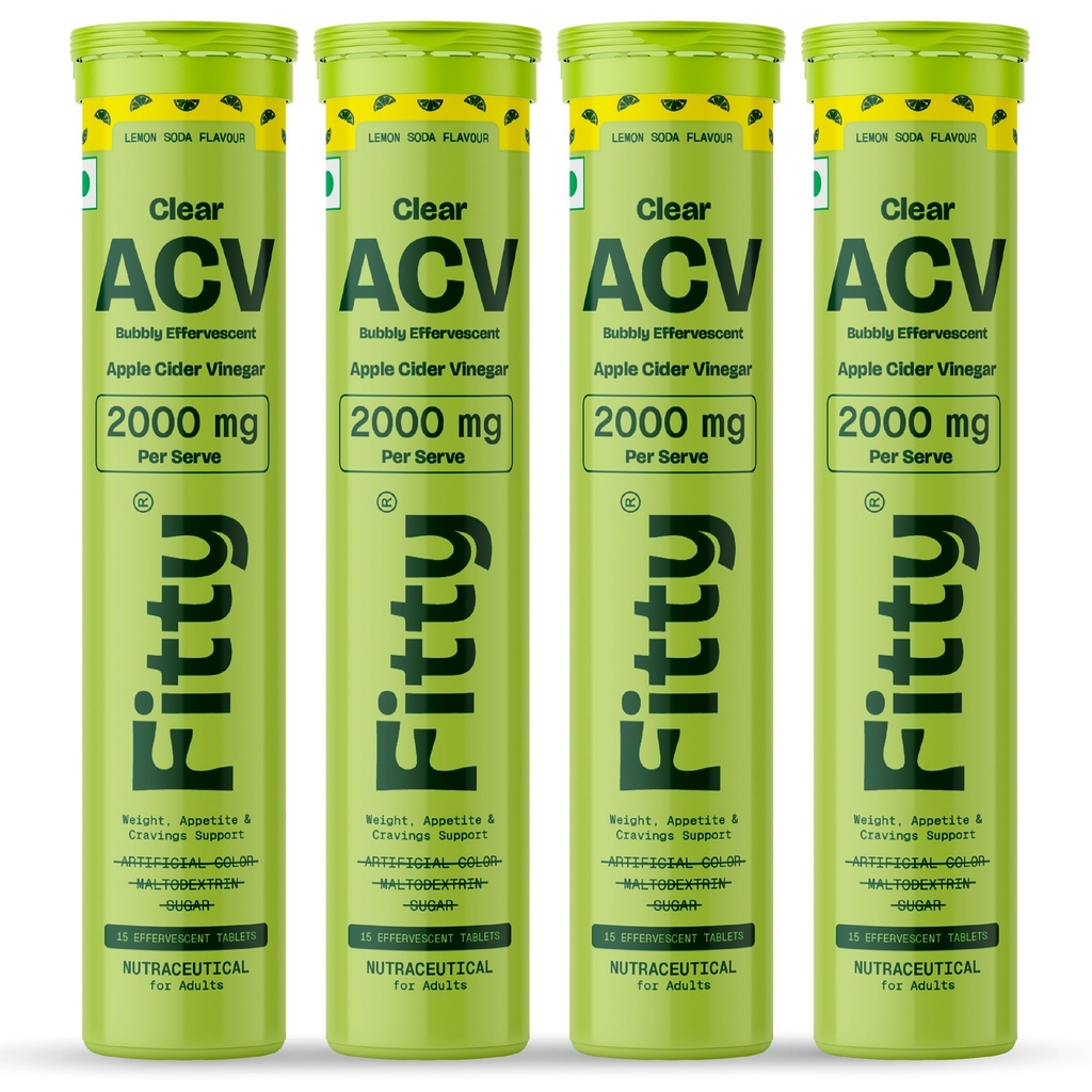 Fitty ACV 2000 mg | For Appetite Control & Weight Loss Support | Blood Sugar Regulation | Higher Strength Apple Cider Vinegar Effervescent Tablets | No Added Sugar, No Added Color | Easy on Stomach | Lemon Soda Flavour | Pack of 4 (60 Tablets)