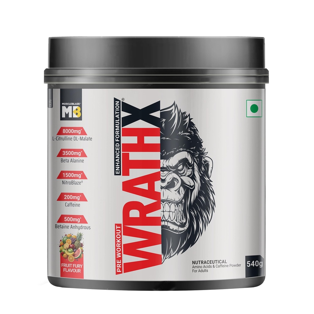 MuscleBlaze Pre Workout WrathX Powder, Fruit Fury, 540g | 30 Servings