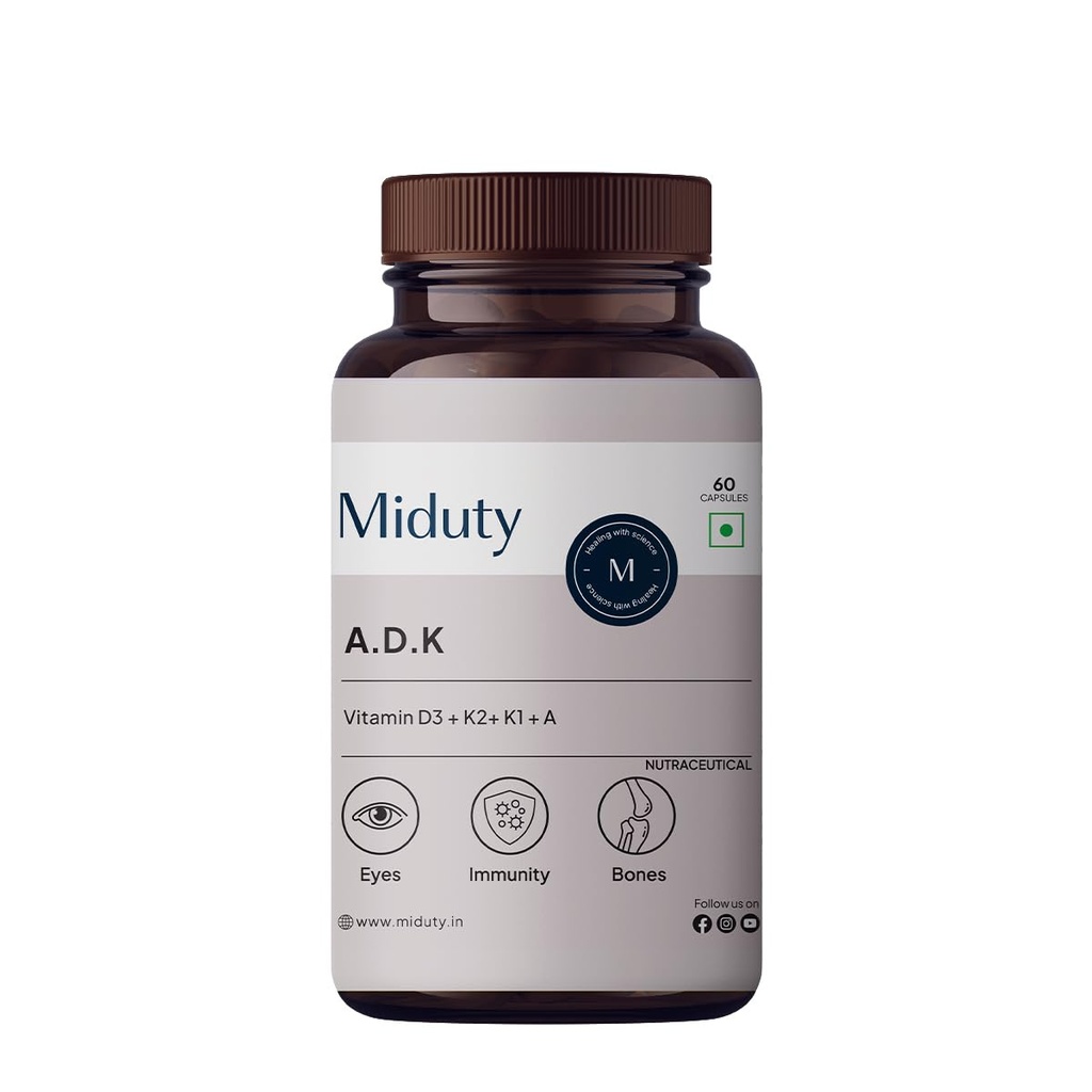 Miduty Vitamin ADK : A D3 K2 Supplements | Boost Immunity, Stronger Bones | Eyes, Immunity, Bones Care - 60 Capsules