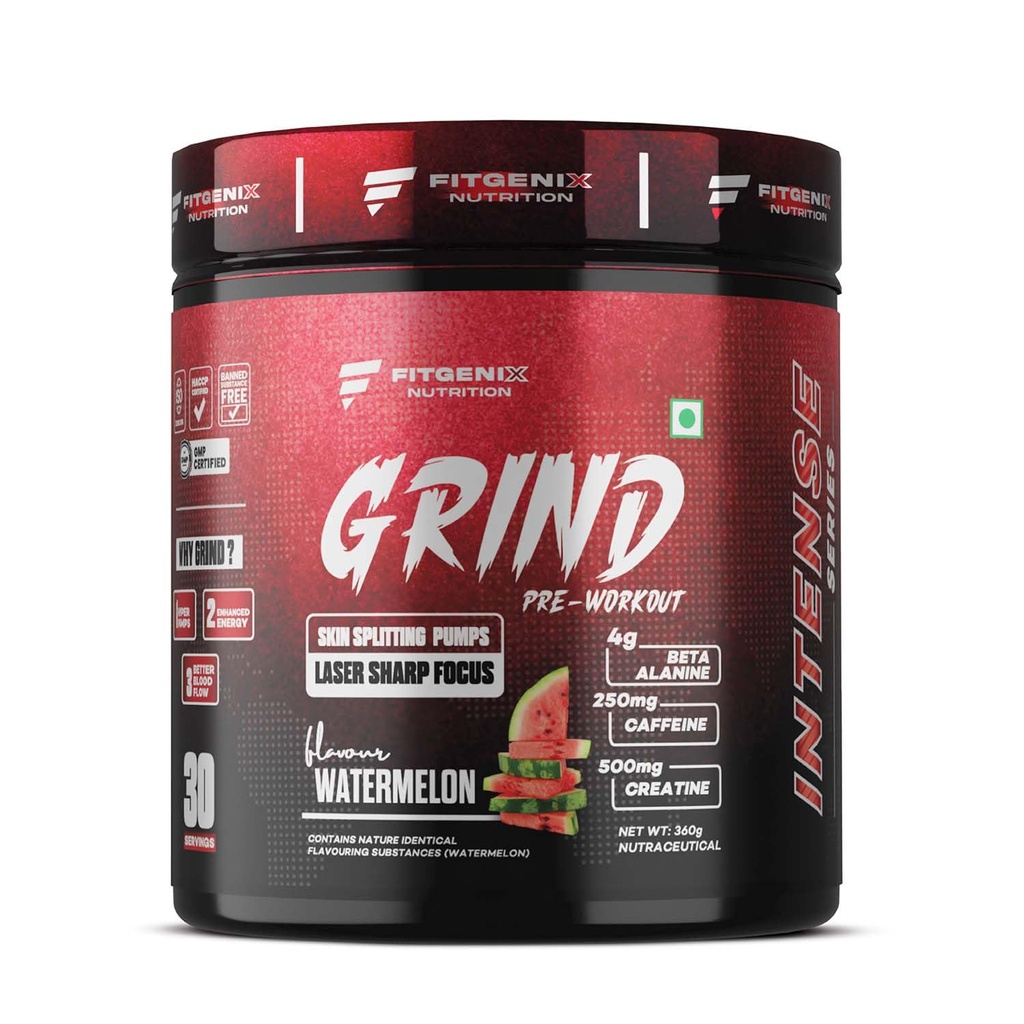 Grind Pre Workout | 360gm | 30 Servings | 250mg Caffeine | 250mg Theanine | 4000mg Beta Alanine | 3250mg Citrulline | Hyper Pump | Enhanced Strength (Watermelon)