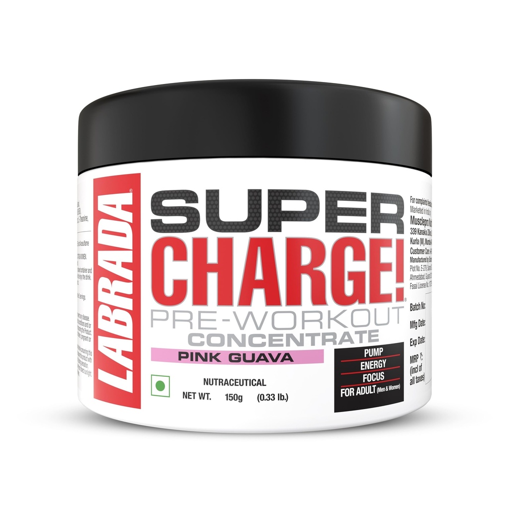 Labrada Super Charge Pre Workout Supplement for Men & Women | Energy, Focus & Muscle Pump Support | Pink Guava | 150g