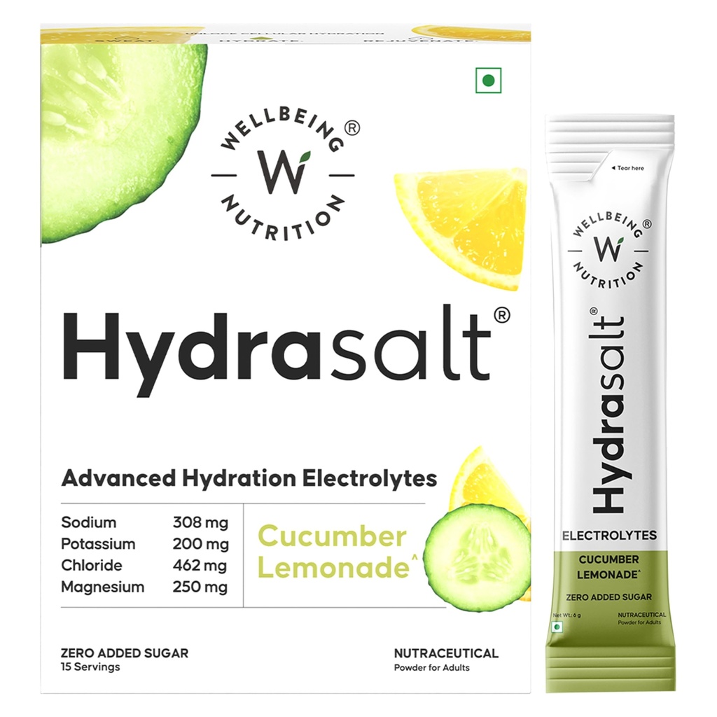 WELLBEING NUTRITION HydraSalt Electrolyte Drink With Zero Added Sugar | 5 Electrolytes & 3 Vitamins For Instant Hydration,Energy,Performance & Recovery, Cucumber Lemonade Flavor 90G,Pack of 15,Powder