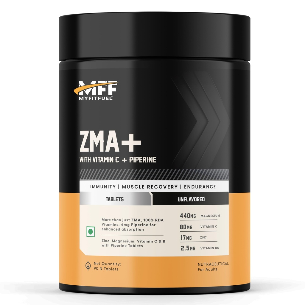 MyFitFuel ZMA+ (90 Tablets) (Zinc, Magnesium Aspartate, Vitamin B6, Vitamin C & Piperine 95%) | ZMA Supplement For Men & Women. HIgh Absorption, For Muscle Recovery, Sleep & Strength | Reduces Cramps & Fatigue