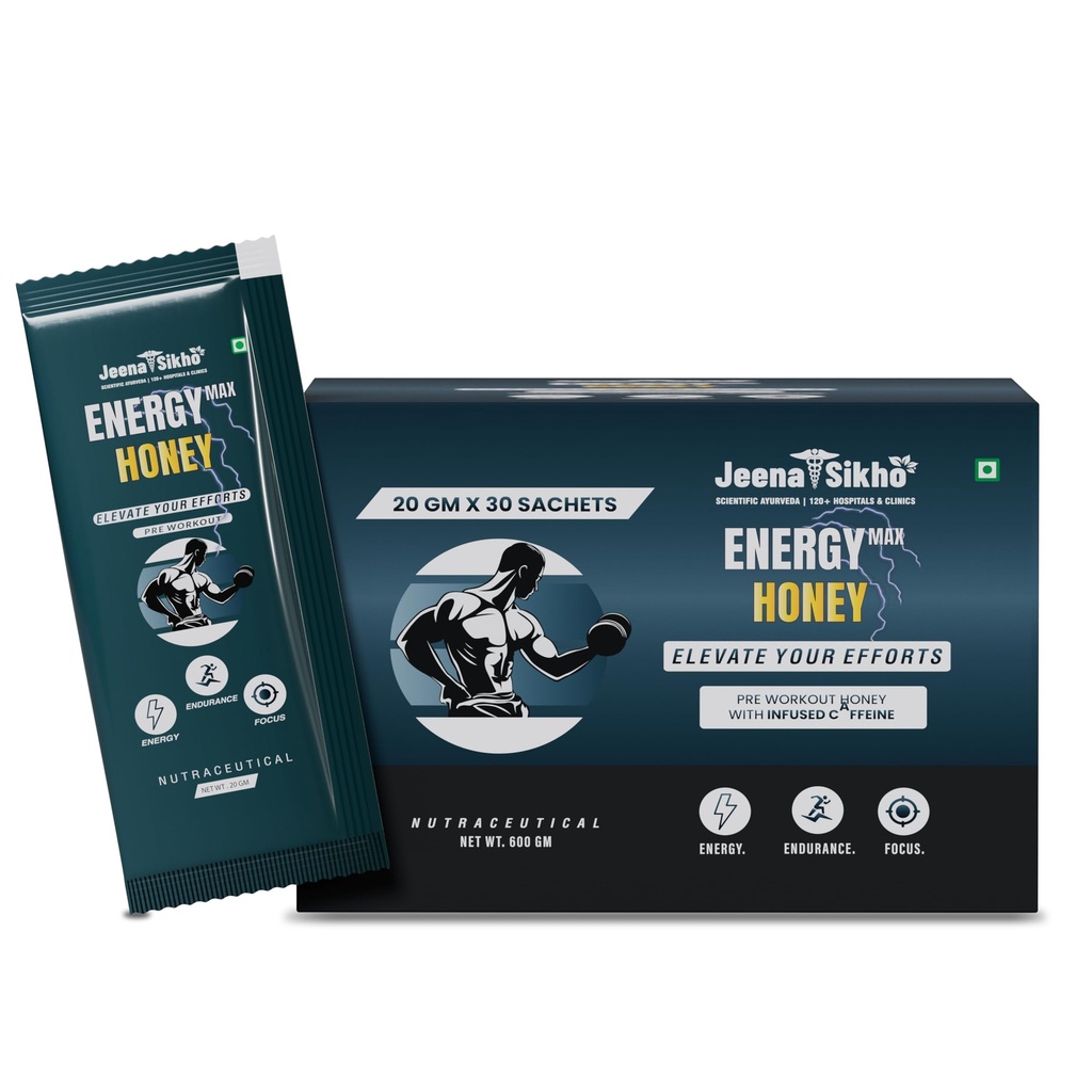 Jeena Sikho Energy Max Honey with Caffeine | Pre Workout Energy Booster | Instant Energy, Stamina & Focus | Raw Honey Based Energy Sachets for Men & Women | 30 x 20g