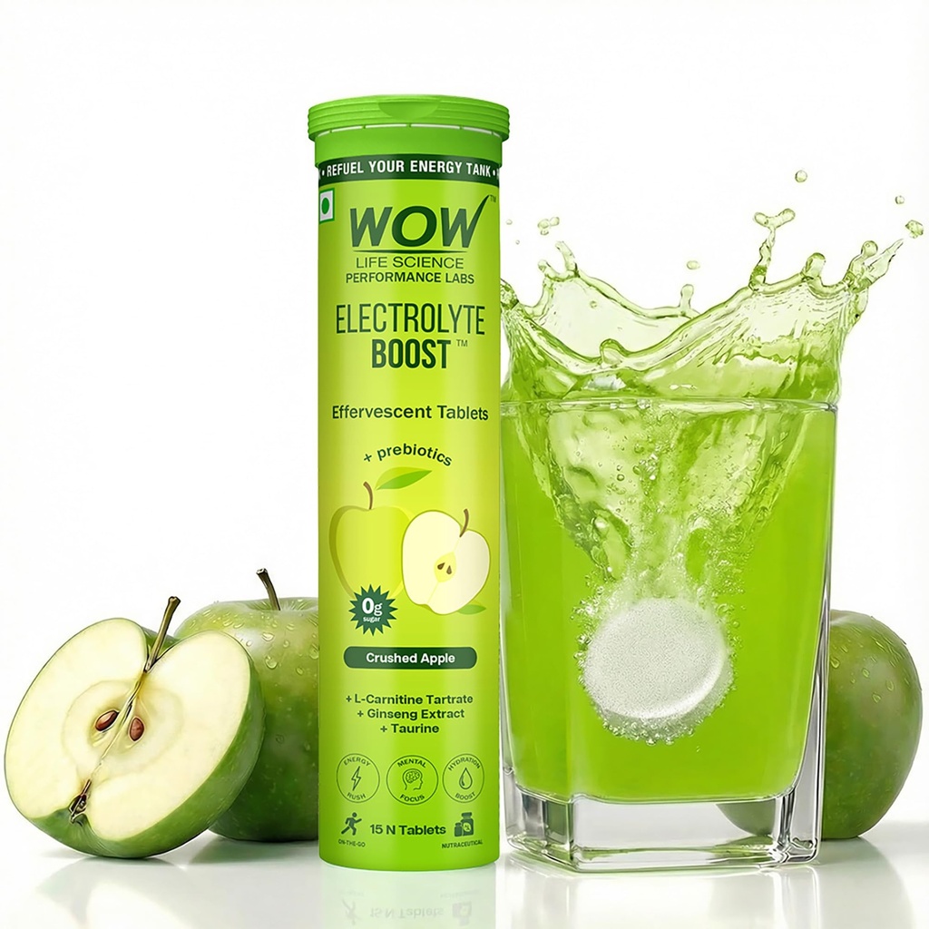 WOW Life Science Electrolyte Boost Effervescent Tablets | Zero Sugar Hydration + Clean Energy | Electrolytes with Prebiotics, L-Carnitine, Ginseng & Taurine | Great Tasting Drink Tablets | Gren Apple | 15 Tablets (Pack of 1)
