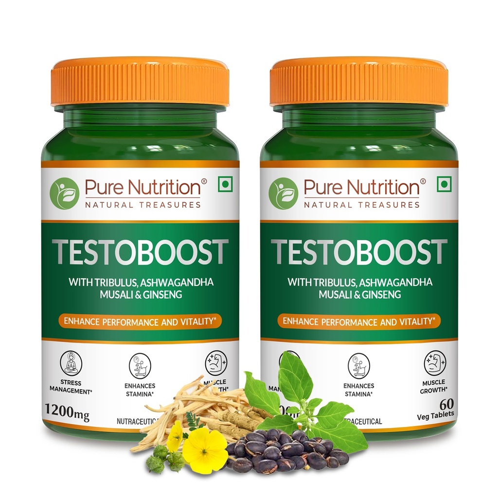 Pure Nutrition Testosterone Supplement for Men with Tribulus, Gokshura, Ashwagandha, Safed Musali, Kaunch Beej & Ginseng, Supports Energy, Stamina & Strength, 120 Veg Tabs (60 x 2)