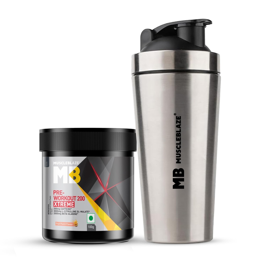 MuscleBlaze Pre Workout 200 Xtreme, Fruit Punch, 100g + Shaker