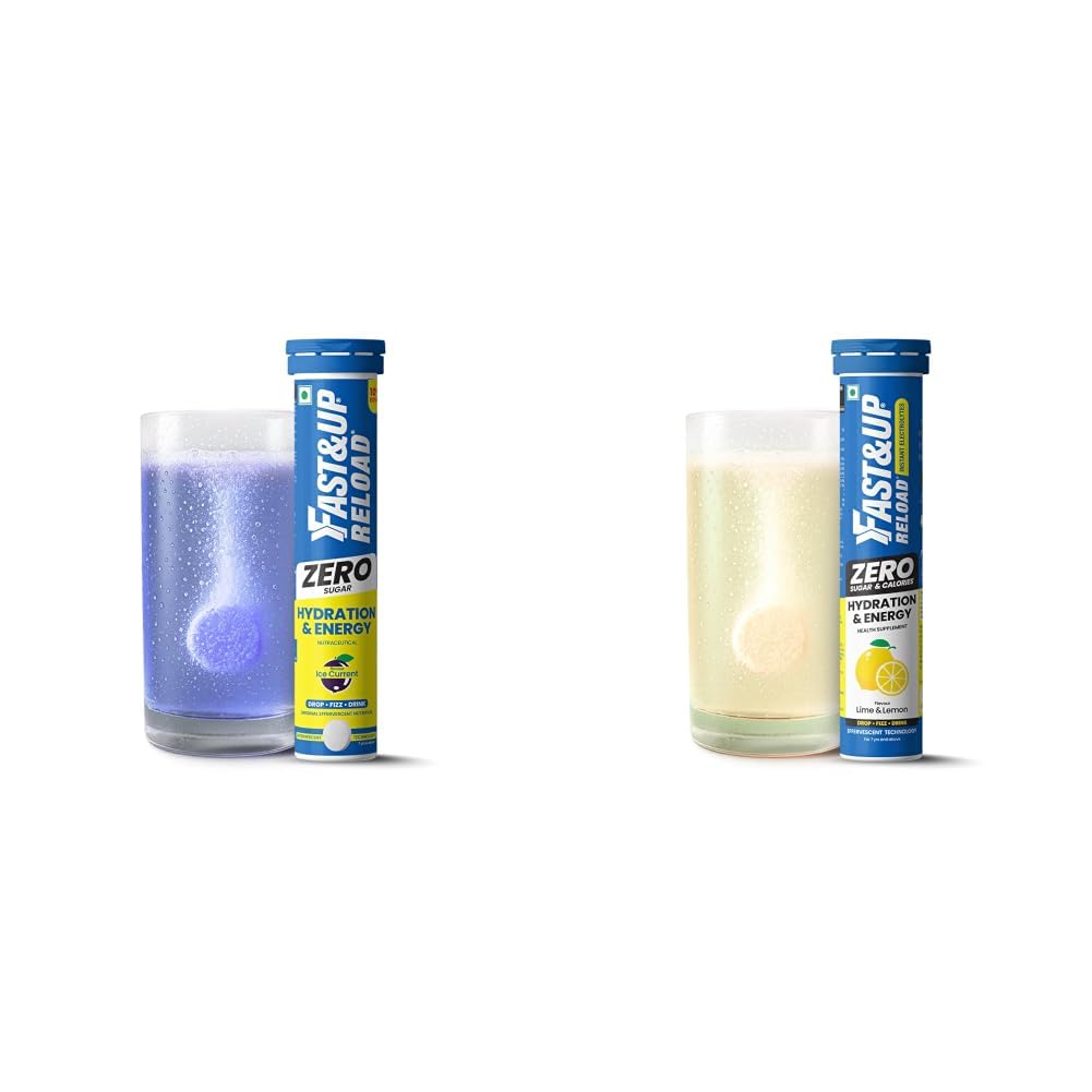 Reload Zero - Zero Sugar Instant Energy & Hydration Drink - Ice Current Flavour - 22 Effervescent Tablets & Fast&Up Reload Zero - Zero Sugar Instant Energy & Hydration Drink - Lime Lemon Flavour - 25