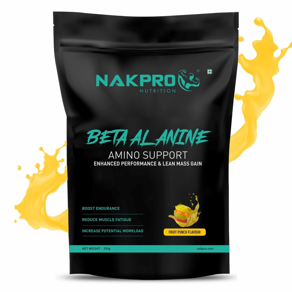 Nakpro Beta Alanine Supplement Powder| Muscle Building Amino Acid, Faster Recovery, Pre Workout supplement for Men & Women -250g FruitPunch, (83 Servings)
