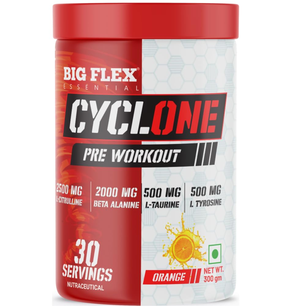 Bigflex Essential Cyclone Pre Workout Powder with L-Citruline, Beta Alanine, Taurine, Caffeine for Energy, Endurance, Strength and Focus, Green Apple and Orange Flavor, 300g, 30 Servings