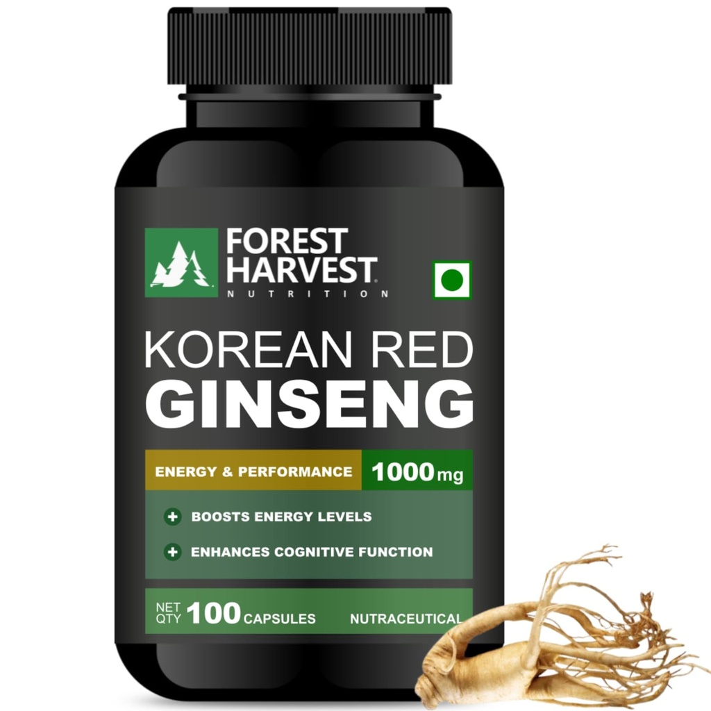 Korean Red Panax Ginseng Capsules | 1000 mg Per Serving | 100 Capsules | Energy, Stamina & Cognitive Support