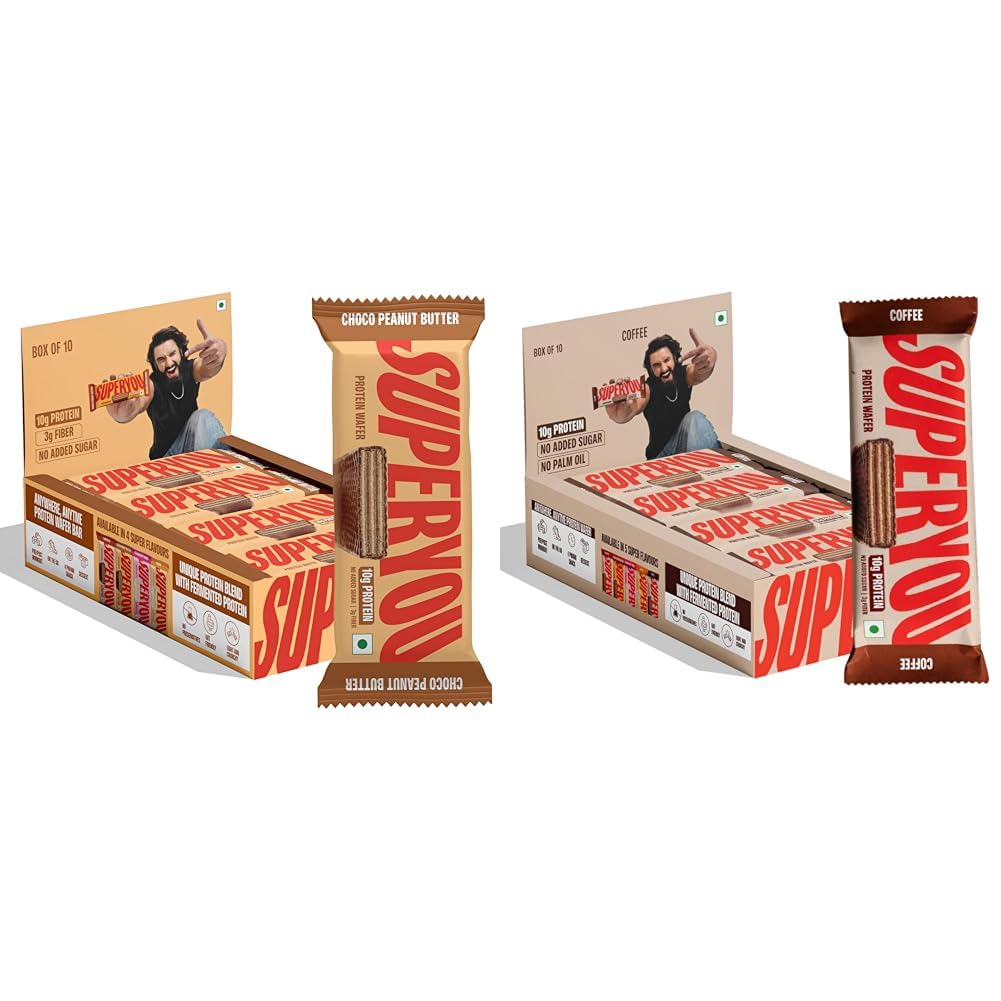 Superyou Choco Peanut Butter & Coffee Protein Wafer Bars Combo. 10g Protein, 3g Fiber, No Added Sugar, Vegetarian, No Palm Oil. 400g each.