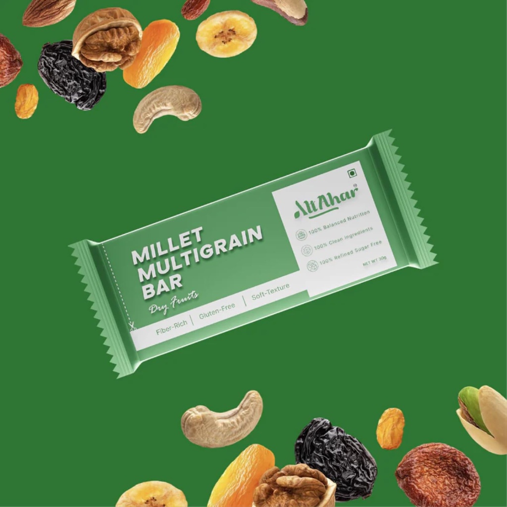 AltAhar Millet Multigrain Dry Fruits Bar with Almonds and Walnuts | Gluten Free | Soft Texture | Fiber Rich | No Added Refined Sugar | Preservative Free (Pack of 10)