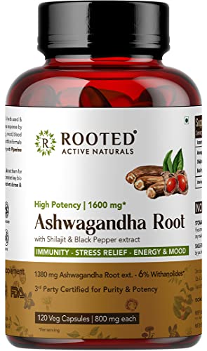 Rooted Ashwagandha Root Capsules (5% Withanolides), Pure Extract | 30 Caps, 500 Mg Each