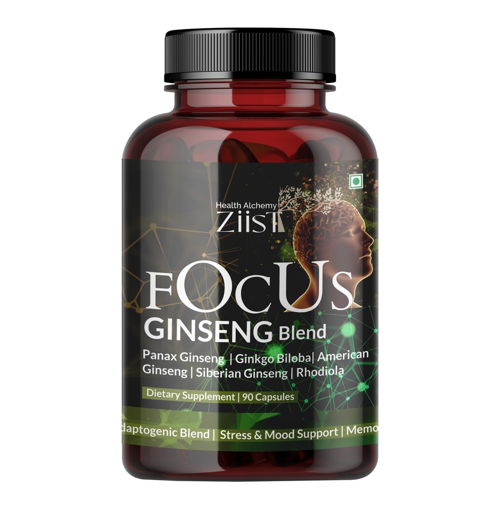 FOCUS Ginseng Blend 1200mg - 90 Capsules for Men & Women | Panax, Ginkgo Biloba, American & Siberian Ginseng, Rhodiola – Herbal Cognitive Support