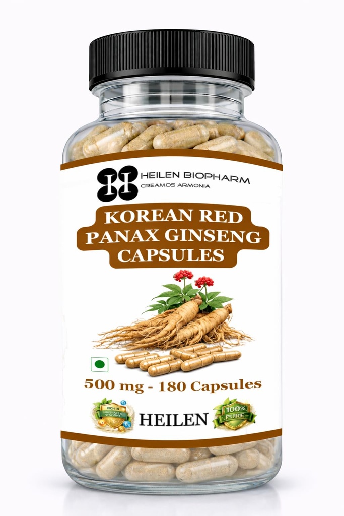 Heilen Biopharm Premium Korean Red Panax Ginseng Root Extract Capsules – 500 mg × 180 Veg Caps | Energy & Nutrition Supplement