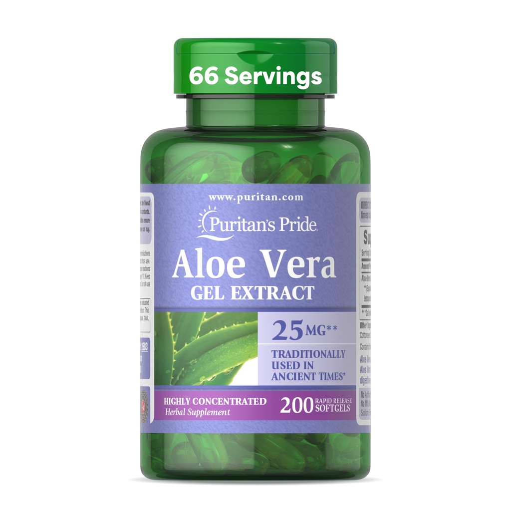 Puritan's Pride Aloe Vera Gel Extract 25 mg, Highly Concentrated Herbal Supplement, 200 Rapid Release Softgels (Packaging May Vary)