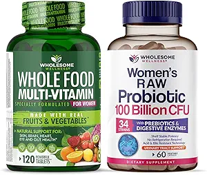 Wholesome Wellness Food Multivitamin for Women - Natural Multi Vitamins, Minerals, Organic Extracts + Dr. Formulated Raw Probiotics for Women 100 Billion CFUs with Prebiotics Bundle