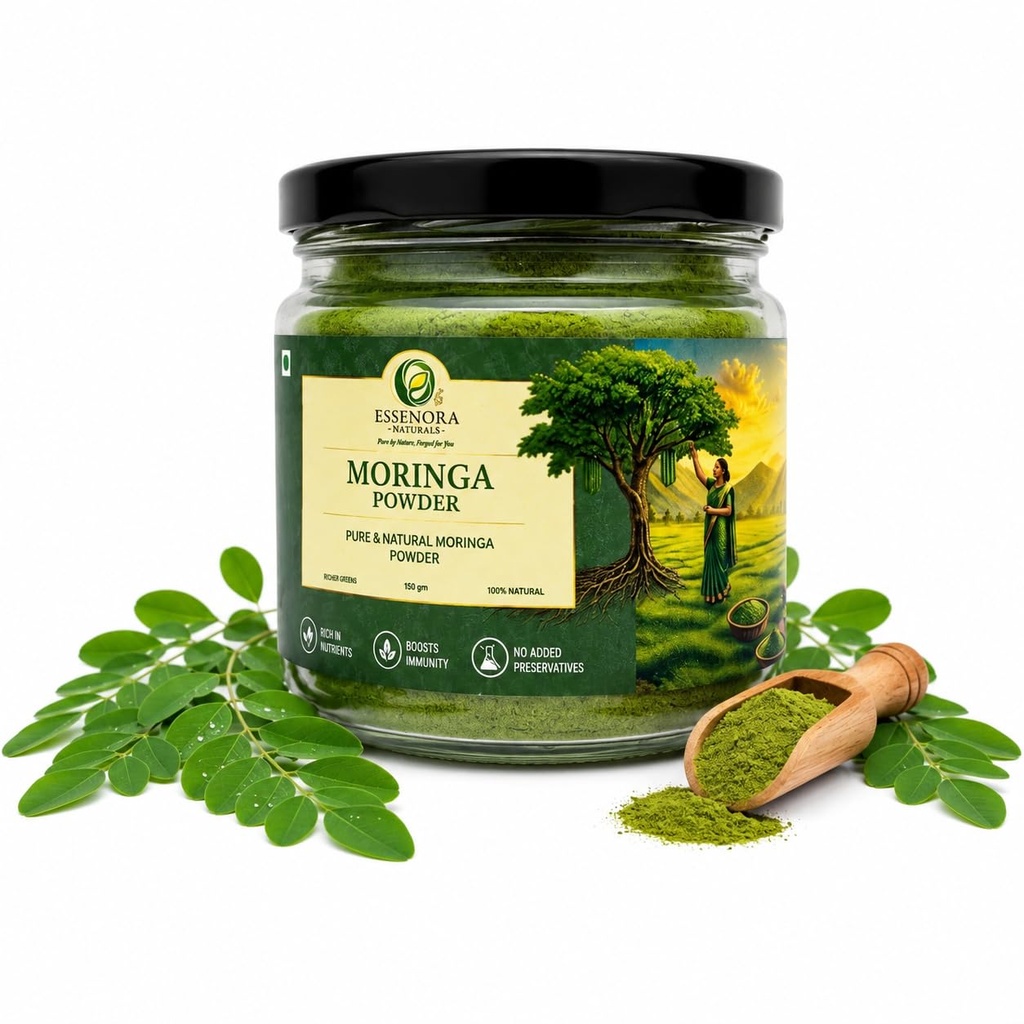 Moringa powder Essenora Naturals Organic India Moringa Powder 150g | Essential Nutrition Superfood | Helps Naturally Boost Energy Levels, Stamina & Vitality | Rich in Vitamins & Minerals