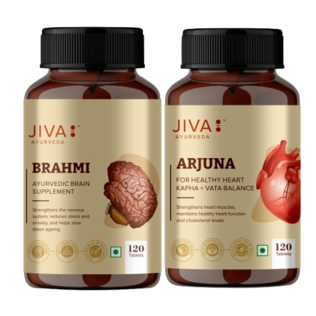 Jiva Brahmi 500mg & Arjuna Tablets 120 Each | Ayurvedic Herbal Wellness Supplement for Mind & Heart Support | Pack of 2