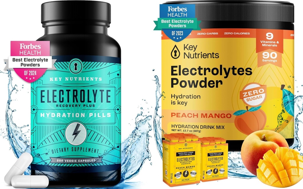 KEY NUTRIENTS Hydration & Energy Electrolyte Bundle – Electrolyte Tablets & Tropical Peach Mango Multivitamin Powder, Sugar-Free
