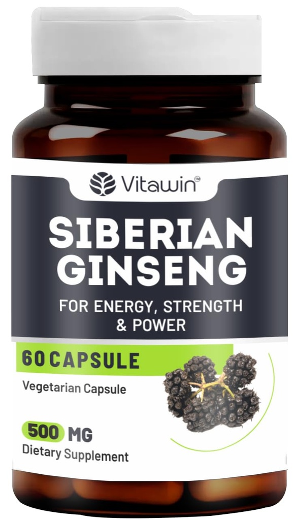 Siberian Ginseng For Improve Immunity & Boost Energy, Stamina & Strength, Natural Herbal, 500 mg, Veg - 60 Capsules Nutrition Supplement