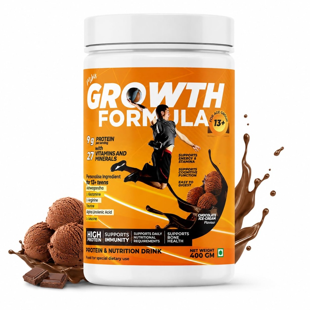 Growth Formula Teen Nutrition Drink Powder for 13+ Years, 400g | 9g Protein per Serving | 27 Vitamins & Minerals | Chocolate Ice Cream Flavour