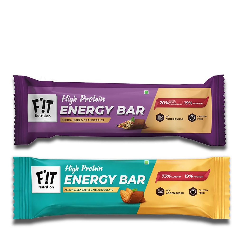 FiT Nutrition High Protein Energy Bar | Combo pack - Almond, Sea Salt & Dark Chocolate + Seeds, Nuts & Cranberries | Tasty Snack For That Anytime, Anywhere Craving | No Added Sugar, No Artificial Flavours, Gluten Free - Healthy & Tasty Snacks For Kids & Adults (4 x 35gm)