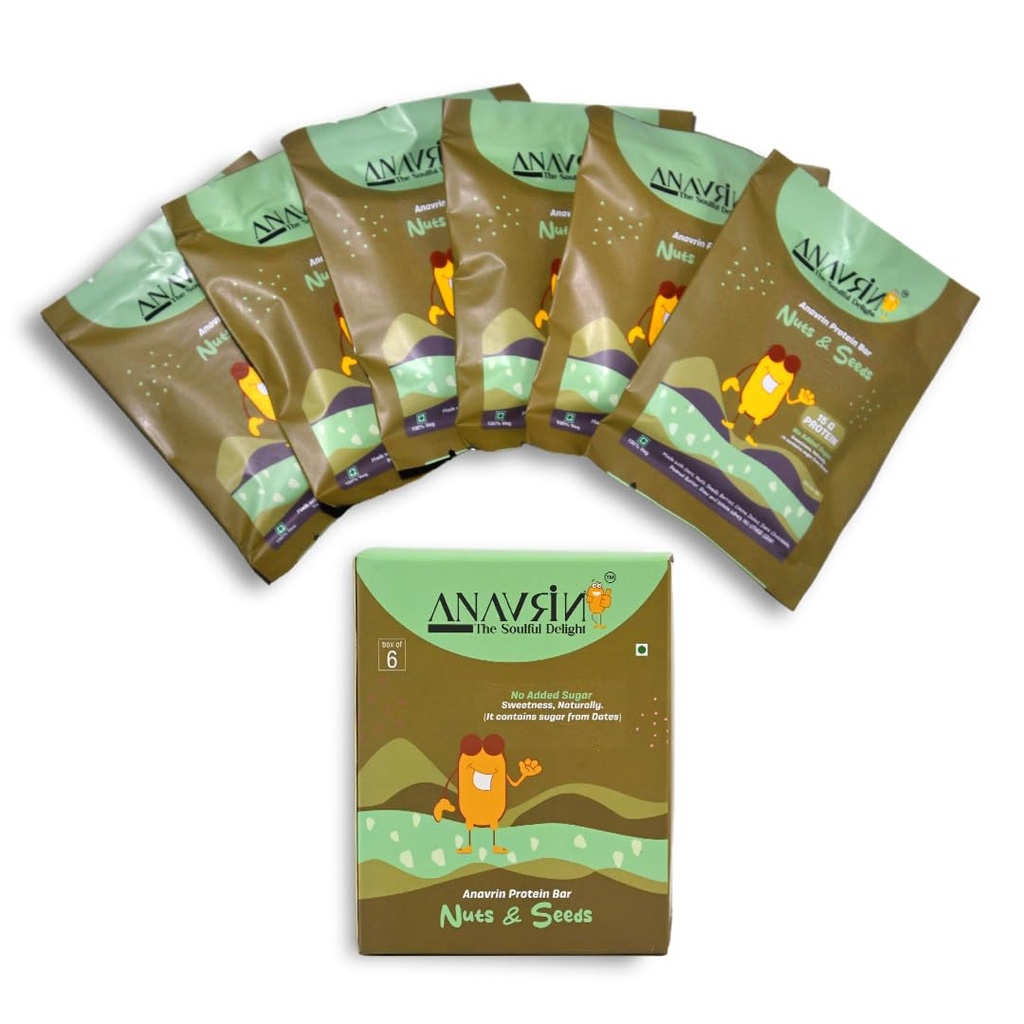 ANAVRIN Protein Bar - 6 Bars | Choco Nuts & Seed | 15g Protein, 4g Fibre | Sweetened with Dates | No Added Sugar, No Soy, No Preservatives | Gluten Free Energy Bar | Healthy Snack | 300gm