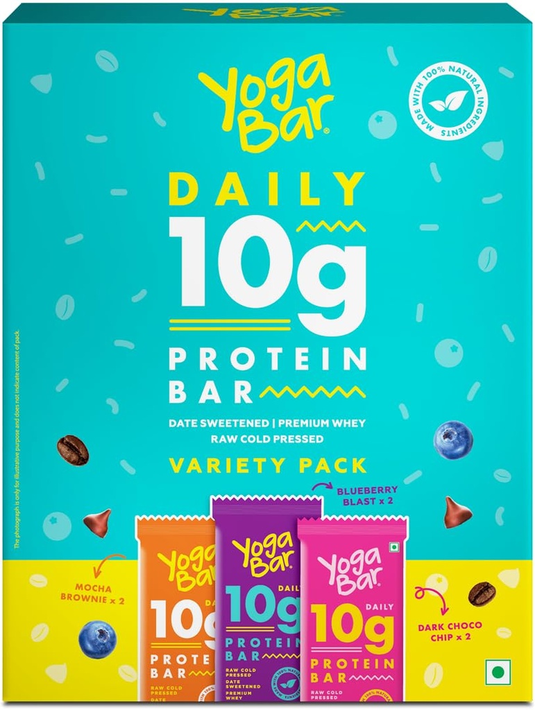 Yogabar Variety Pack 10 grams Protein Bars [Pack of 6], Pro-Blend & Premium Whey,100% Veg, Rich Protein Bar with Date, Vitamins, Fiber, Energy & Immunity for fitness.
