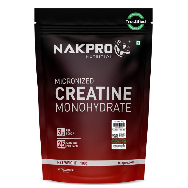 NAKPRO NUTRITION Micronised Creatine Monohydrate | 100g (25 Servings) | Tangy Orange | Trustified Certified | Rapid Absorption Pre/Post Workout