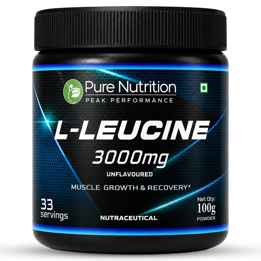 Pure Nutrition L-Leucine Powder 3000mg per Serving | Pre-Workout for Men & Women | 100% Pure & Unflavoured | Boosts Muscle Growth, Recovery & Stamina | Peak Performance -100g (33 Servings)