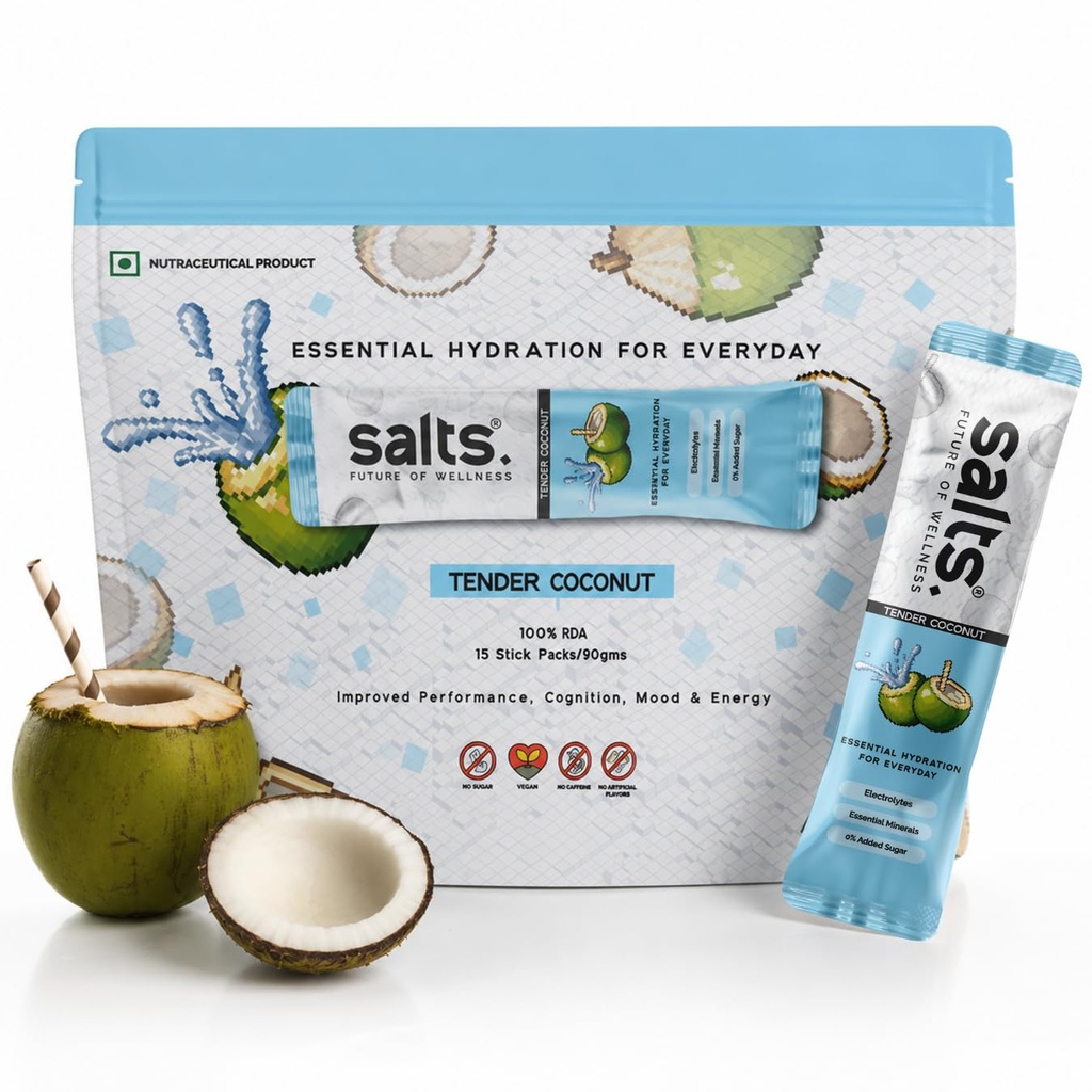 Salts Electrolyte Powder, 15 Sachet with Zero Sugar, Electrolytes Hydration Mix Drink for Summer Heat, Workout Recovery and Travel, Keto and Vegan Friendly, (Coconut)