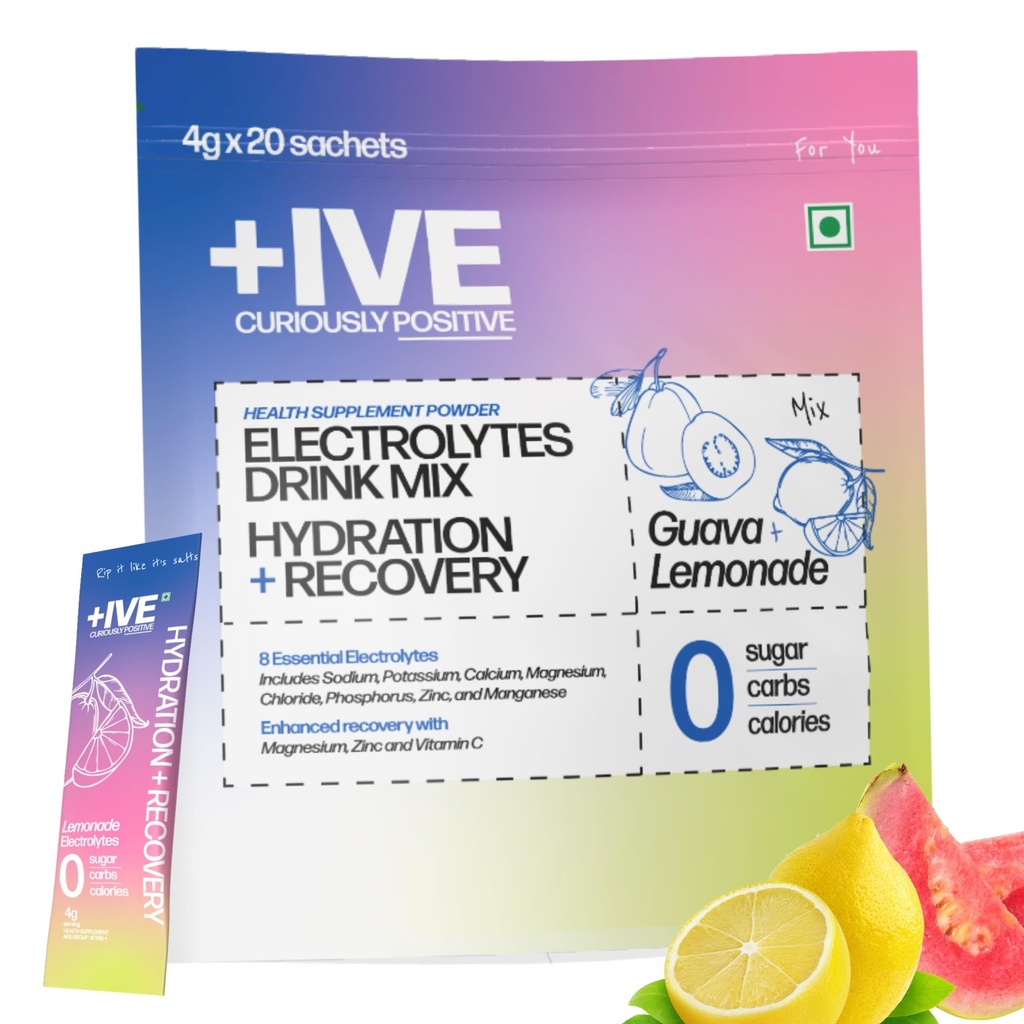Curiously +IVE(Positive) Electrolyte Powder No Sugar - 20 Sachets | Mix Flavour (Guava + Lemonade) | Zero Sugar, Zero Carbs, Zero Calories | 8 Essential Electrolyte Sachets | Hydration + Recovery | Health Supplement Powder | ORS | Sugar free drink