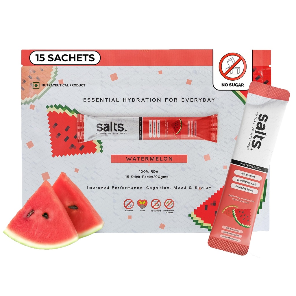 Salts Electrolyte Powder, 15 Sachet with Zero Sugar, Electrolytes Hydration Mix Drink for Summer Heat, Workout Recovery and Travel, Keto and Vegan Friendly, (Watermelon)