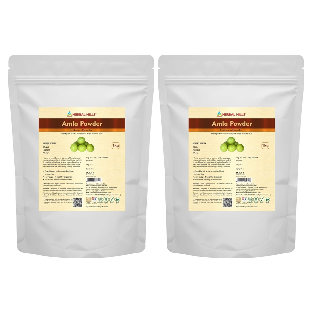 Herbal Hills Amla Powder - 1KG | Supports Skin Glow, Hair Strength & Immunity Boost | Amla Churna For Natural Beauty & Wellness with Indian Gooseberry Fruit