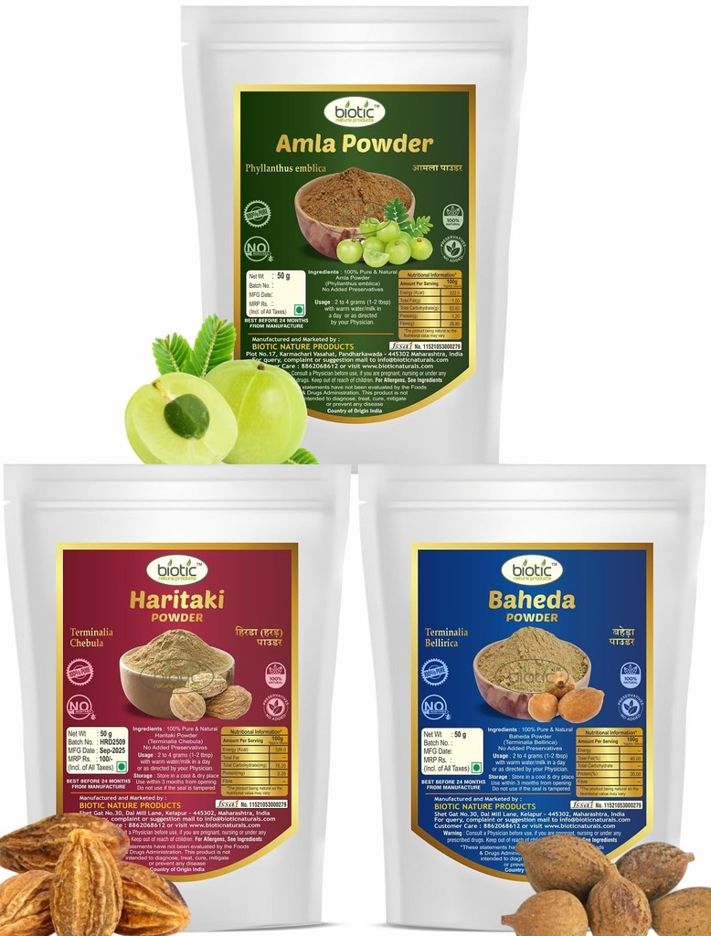 Biotic Amla, Harad and Baheda Powder - Triphala Powder - Trifala Powder - Organic Triphla Churna - Thiripala - 150gm (50gm each)