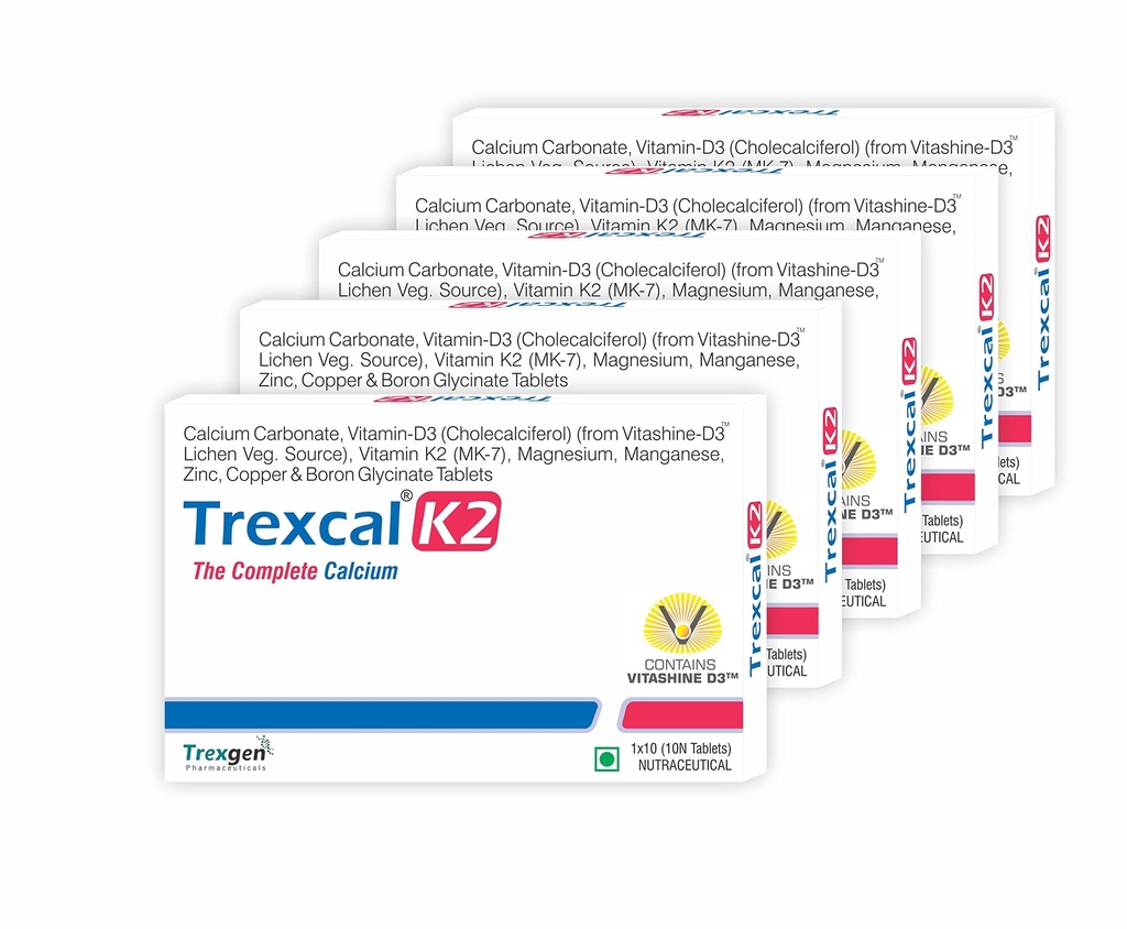 Trexgen TREXCAL-K2 The COMPLETE CALCIUM with Elemental Calcium 500 mg; Vitamin D3(Stabilized)400 IU; Vit. K2-7 55 mcg & BONE MATRIX Minerals Magnesium; Boron; Zinc; Manganese & Copper(5x10=50 Tablets)