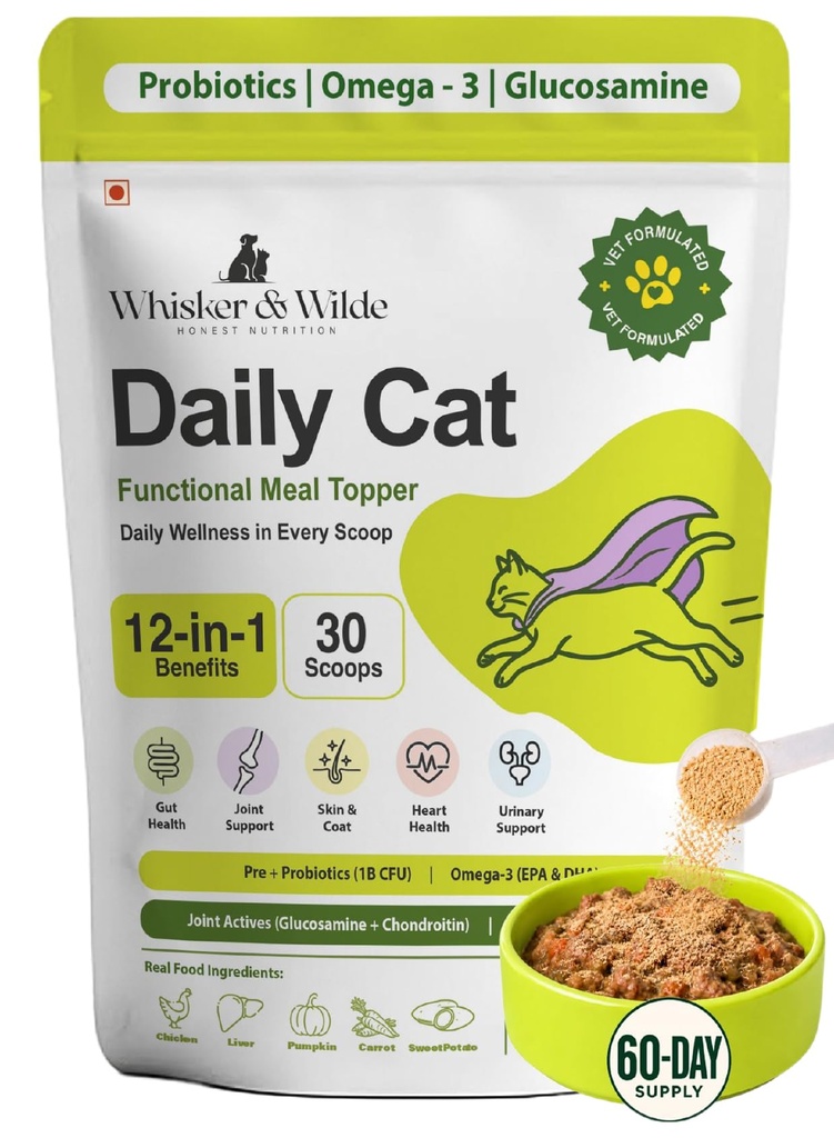 Daily Cat Supplement | Probiotics, Omega-3, Multivitamin, Taurine | Supports Gut, Urinary, Skin & Coat, Joint & Immunity Health, Human-Grade Chicken, All Life Stages, 300g