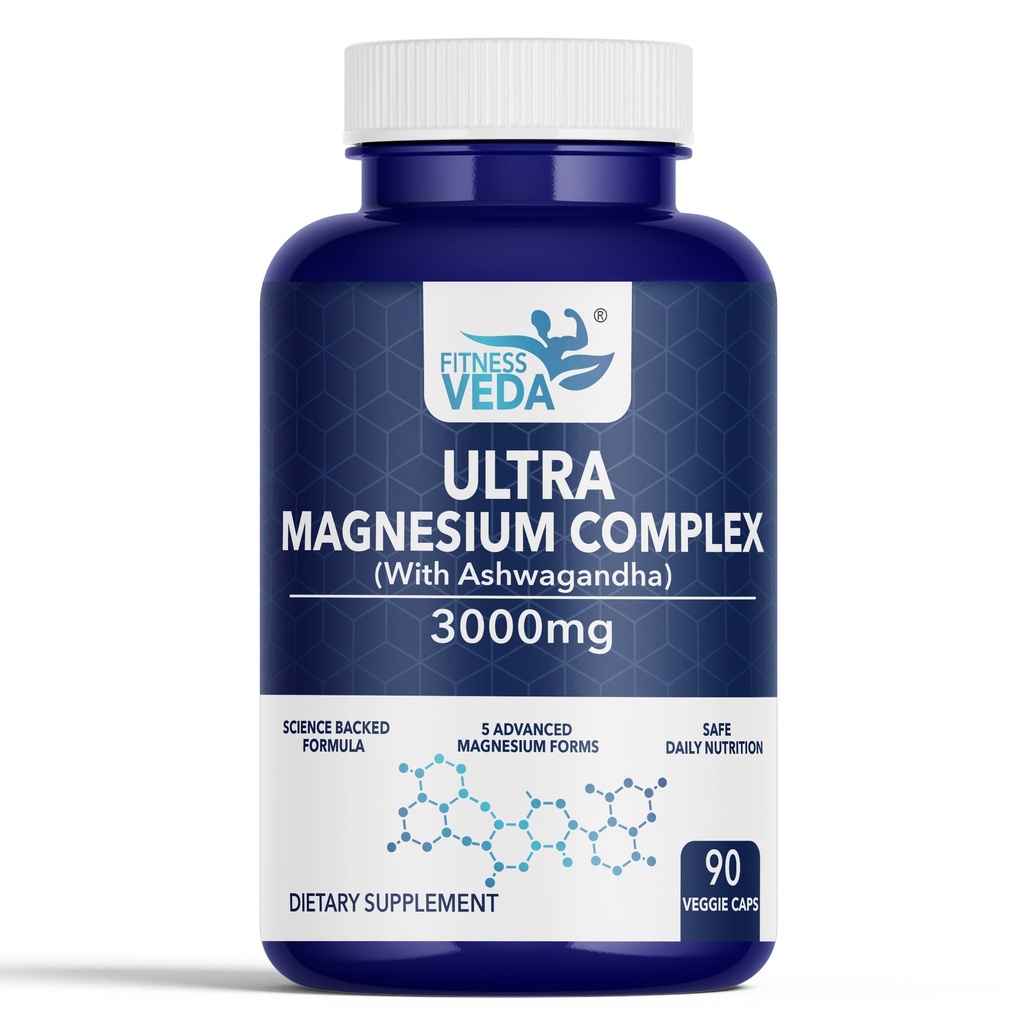 Fitness Veda Ultra Magnesium Complex with Ashwagandha, Vitamin B6 & 5 Magnesium Forms, 3000mg, 90 Veggie Capsules
