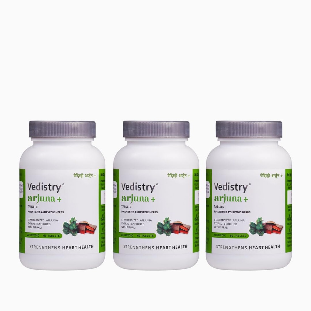 Vedistry Arjuna+ Tablets | Ayurvedic Medicines to Improve Heart Health & High Blood Pressure | Ayurvedic Supplement with Arjuna & Piperine for Cholesterol Care, Healthy Circulation – 60 Tablets (Pack of 3)
