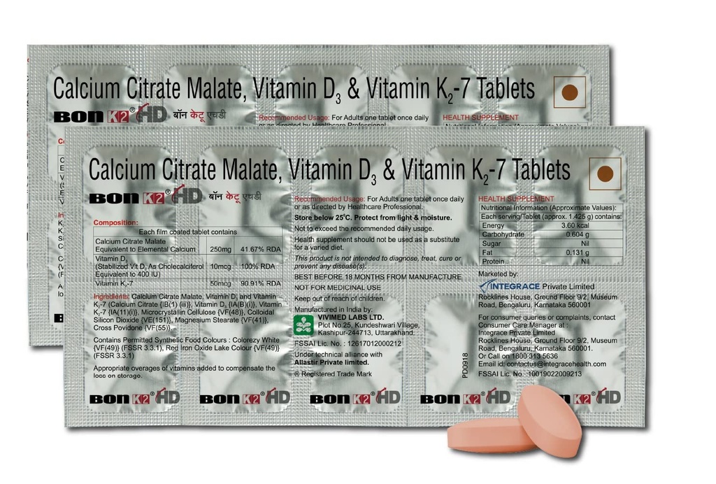 Bon K2 Hd With Advanced Calcium 10 capsules| Enriched With Calcium Citrate Malate, Vitamin D3 And Vitamin K2-7, Multivitamin Supplements For Men & Women, 2 count