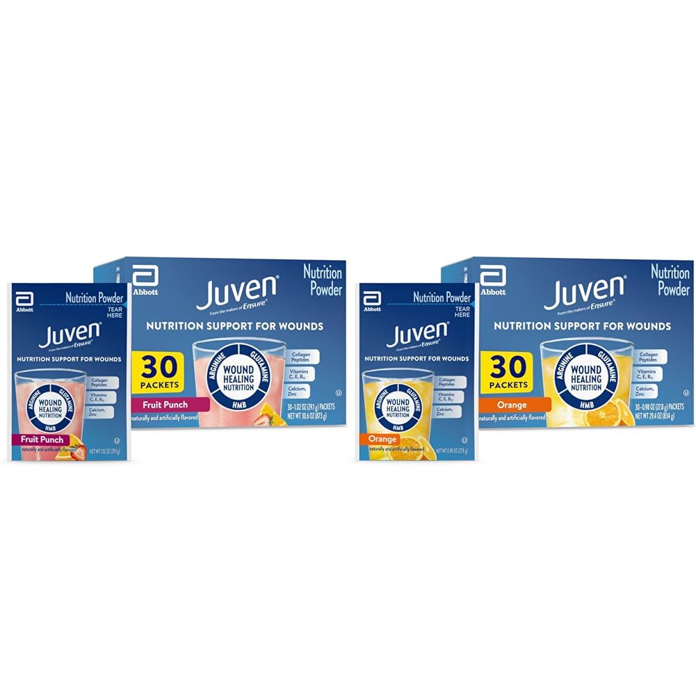 Juven Therapeutic Nutrition Drink Mix Powder for Wound Healing Support, Includes Collagen Protein, Orange 30 Count & Fruit Punch 30 Count, 60 Total Packets