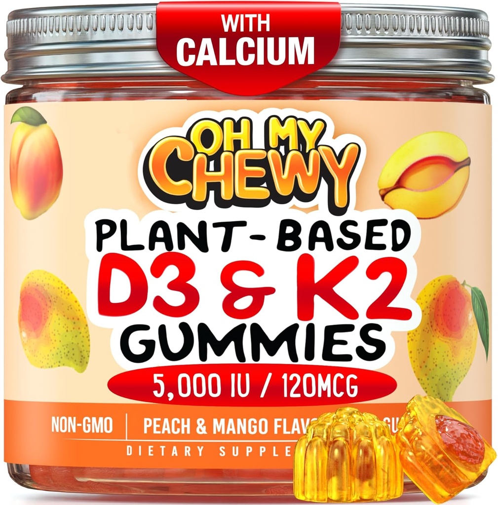 Center-Filled Vitamin D3 K2 Gummies - Kids, Teens & Adults - Supplement for Healthy Teeth, Bone, Energy & Immunity - 5000 IU D3, 120 mcg K2(MK-7), 120 mg Calcium - Vegan & Non-GMO - 60 Count